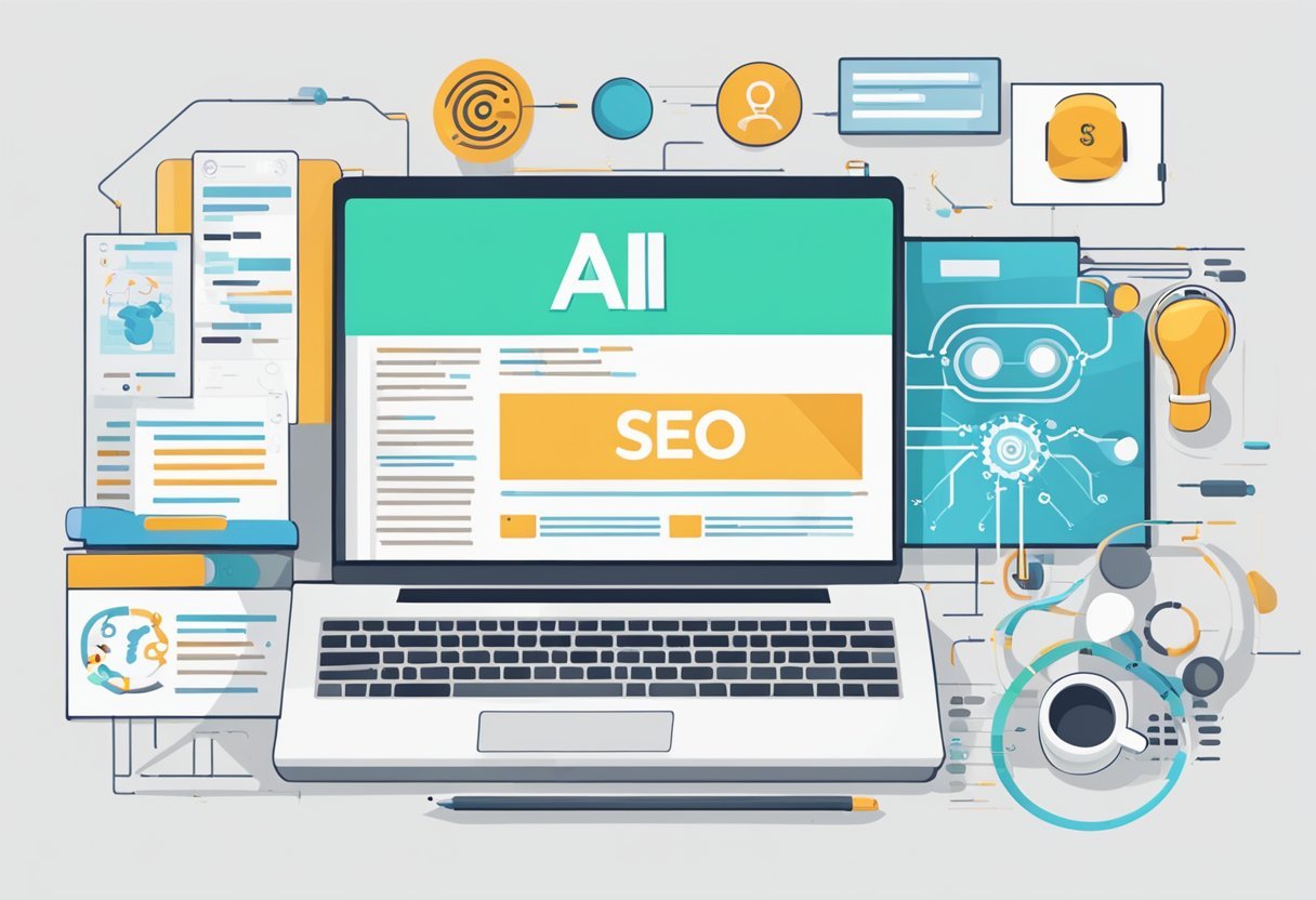 An AI writing tool surrounded by various SEO-related elements like keywords, search engine logos, and content analytics charts