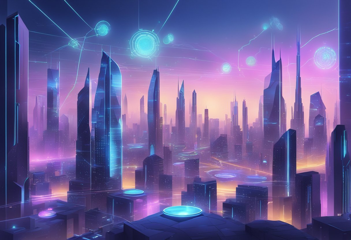 A futuristic city skyline with holographic AI tools and marketing data projections