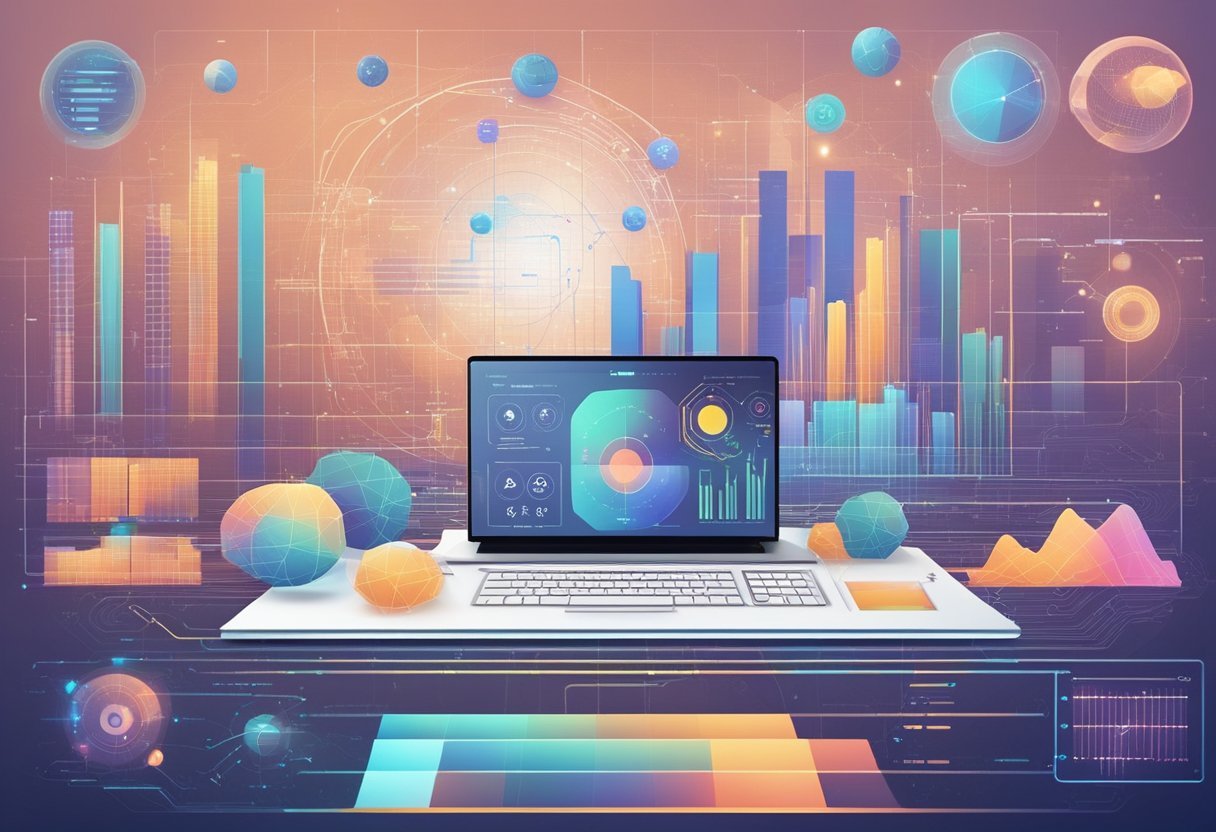 A futuristic AI system analyzing data on a digital interface, surrounded by graphs and charts