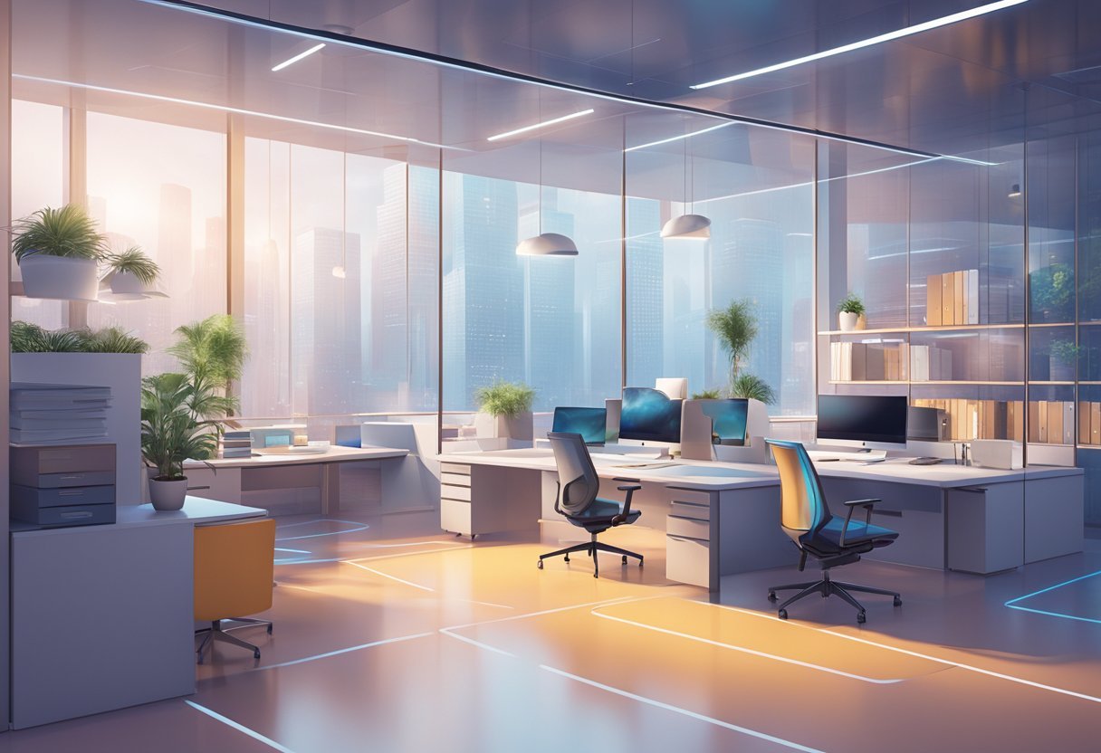 A futuristic office space with AI tools integrated seamlessly into the workflow, showcasing a balance between originality and compliance