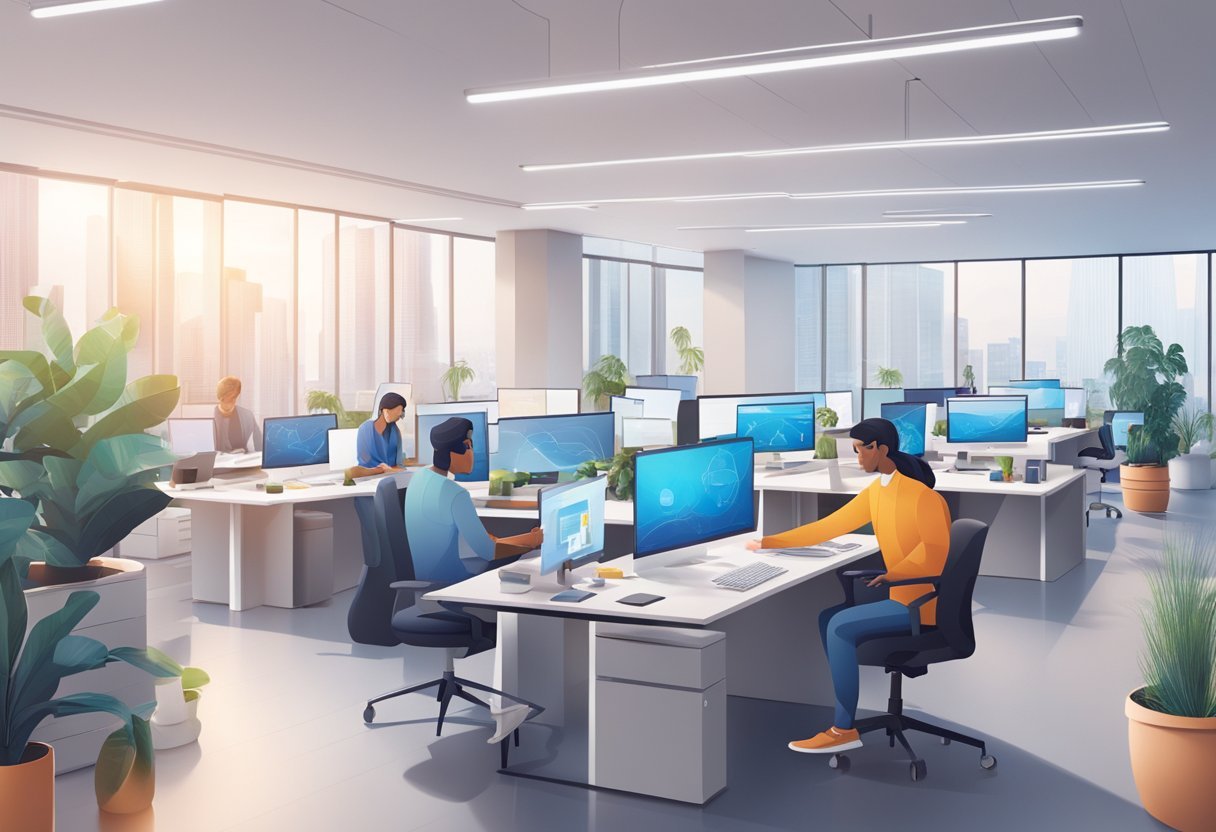 A modern office space with AI tools integrated into the workflow, including virtual assistants, data analysis software, and collaborative platforms