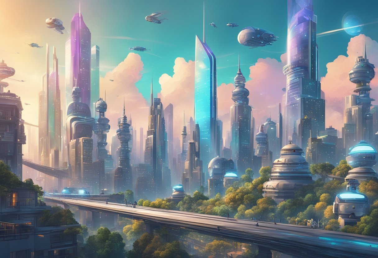 A futuristic city skyline with AI-powered robots creating vibrant and realistic images