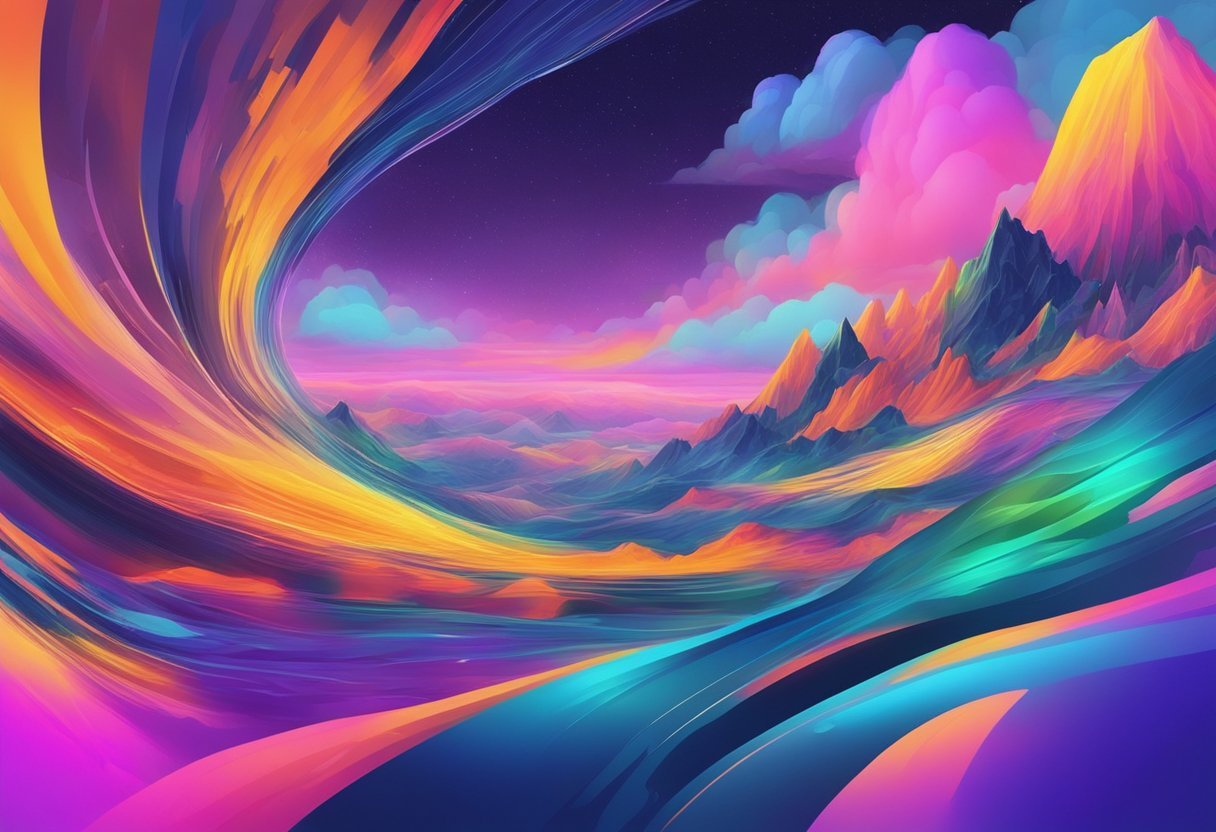 A computer-generated image of a vibrant, abstract landscape emerges from the glowing screen of a high-tech AI image generator