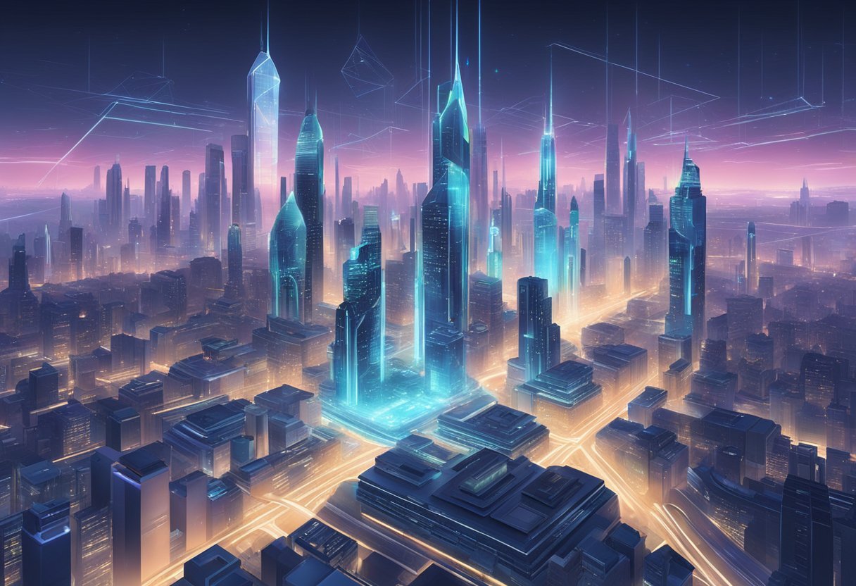 A futuristic city skyline with AI-generated images displayed on holographic screens