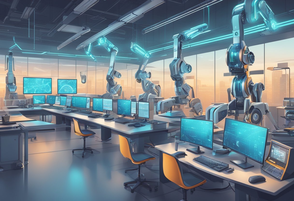 A futuristic AI lab with computer screens and robotic arms