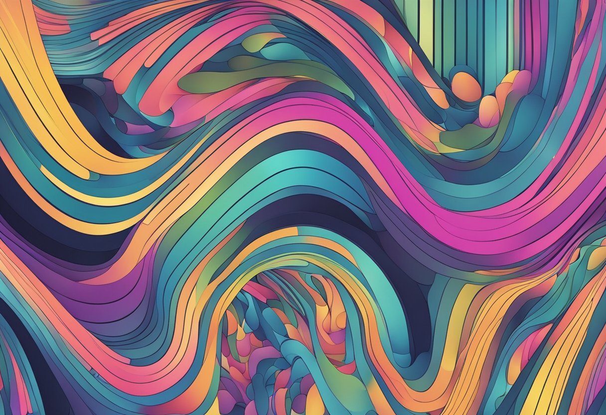 A computer screen displaying colorful, abstract patterns and shapes, with lines and curves flowing and changing in response to AI algorithms