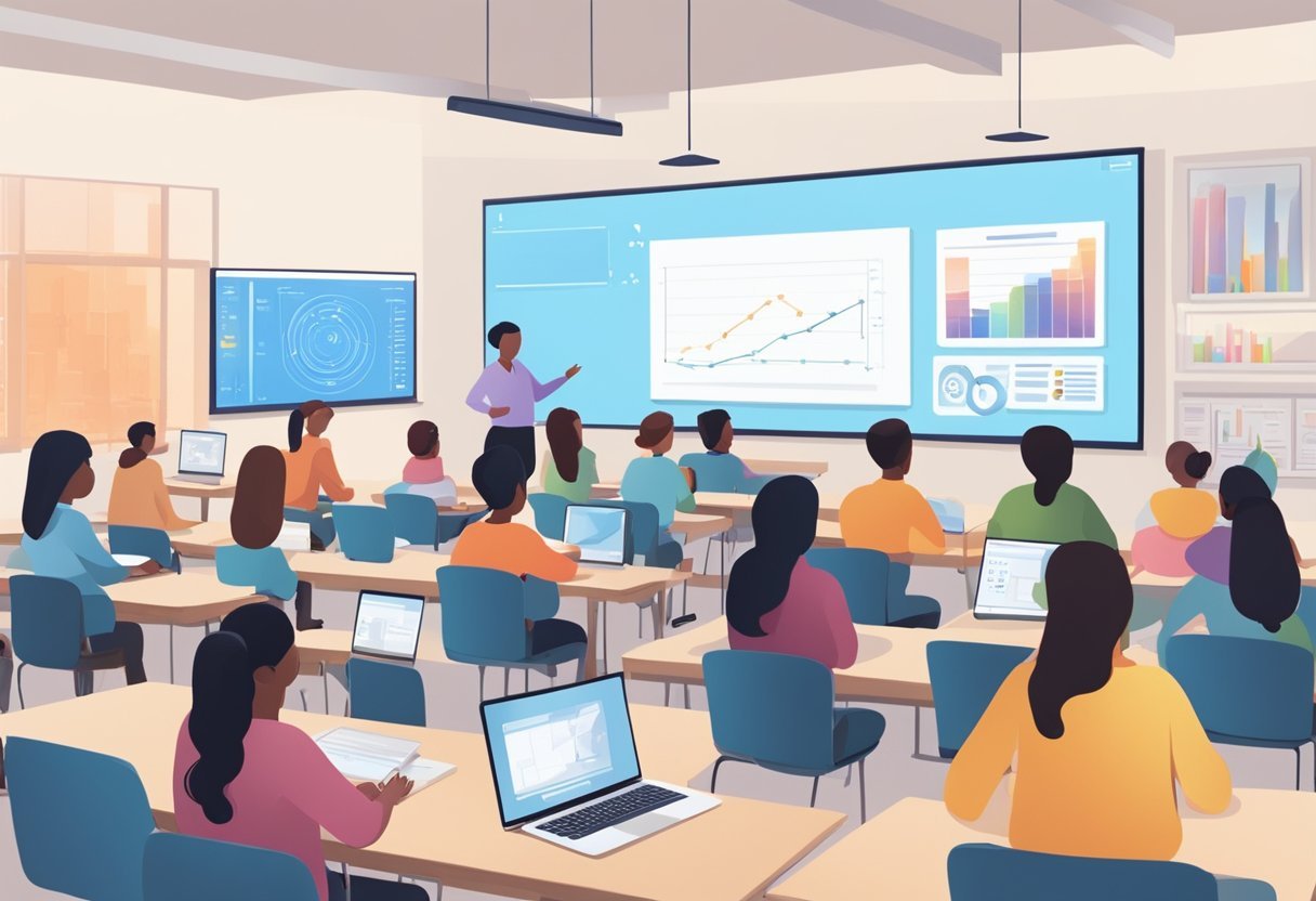 A classroom setting with a computer screen displaying an AI video generator program, surrounded by students and a teacher