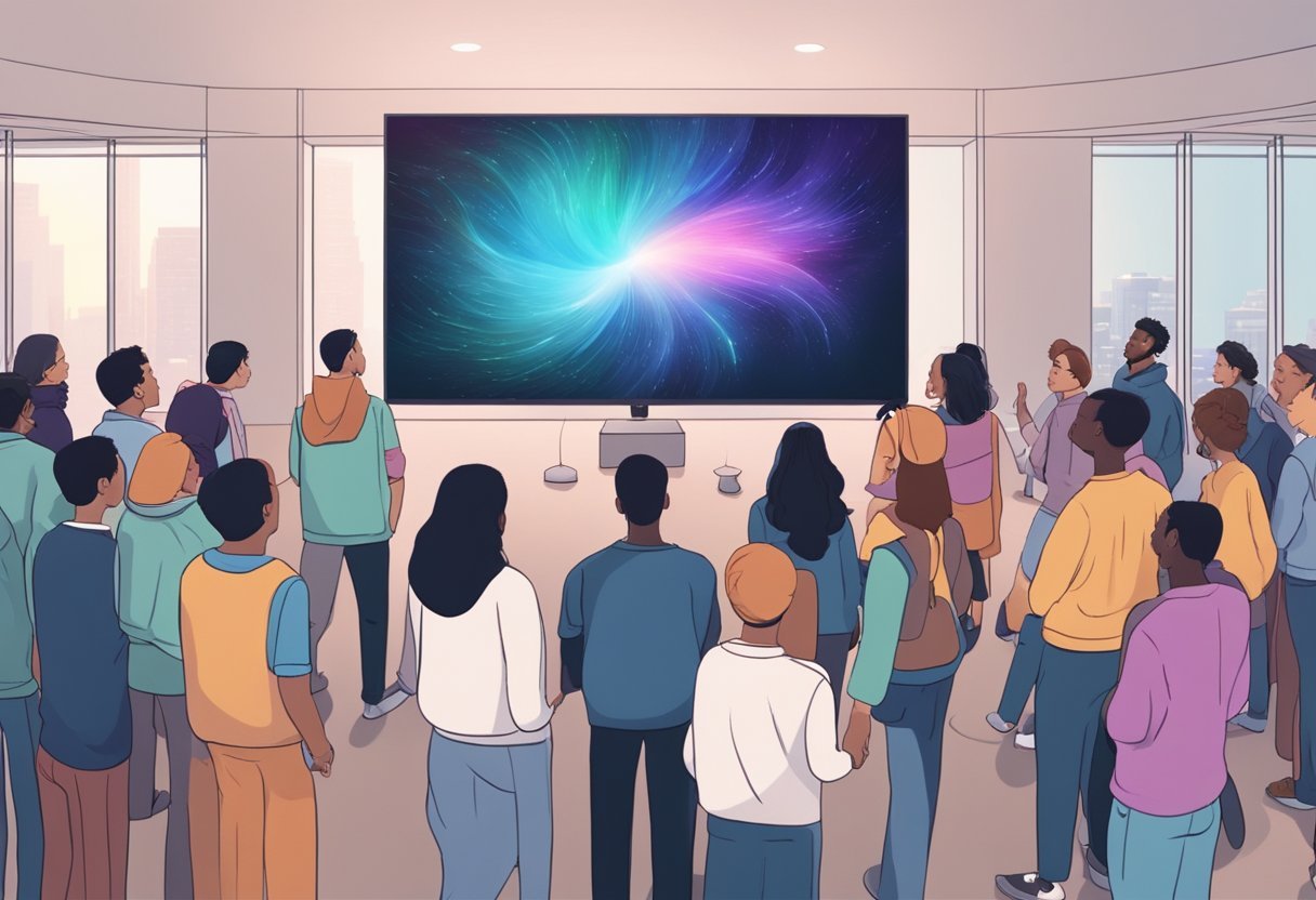 A group of people standing around a large screen, watching as AI-generated videos play in a loop. The room is filled with excitement and curiosity