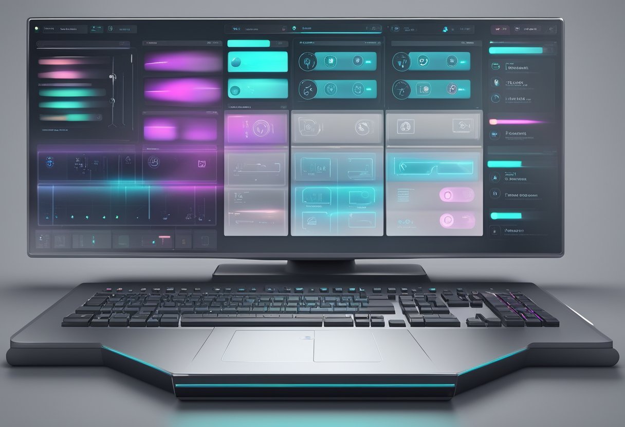 A sleek, futuristic computer interface with various sliders, buttons, and options for customization and control in AI writing