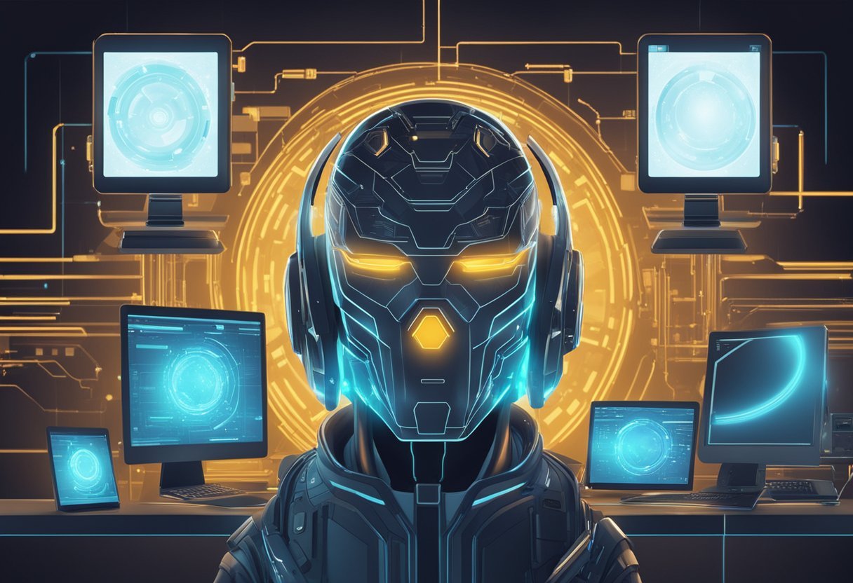 A futuristic AI headshot generator surrounded by glowing computer screens and advanced technology