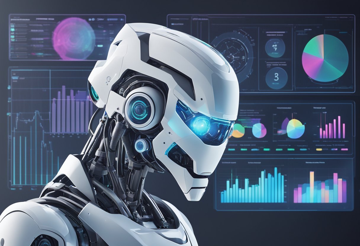 A futuristic robot analyzing various AI headshot generators with graphs and charts displayed on a holographic screen