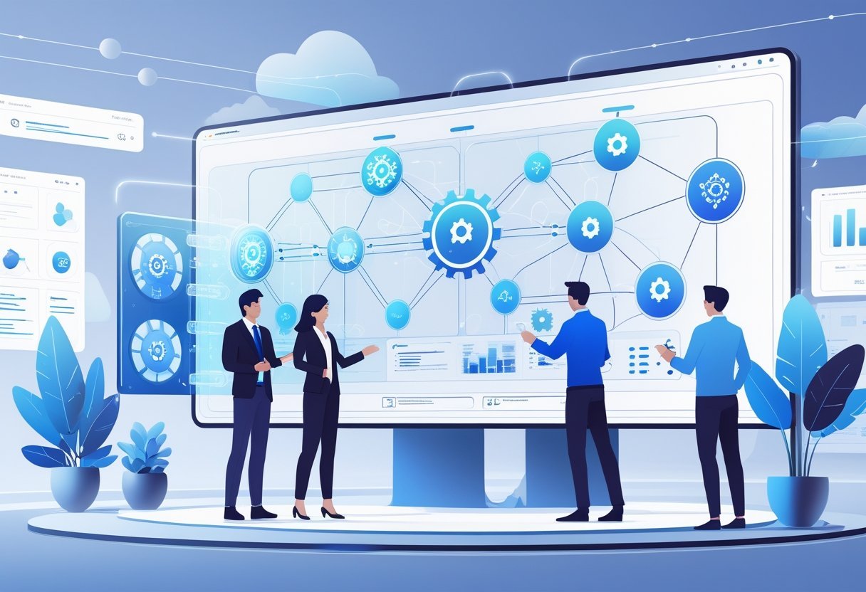 AI Workflow Automation Tool: Streamlining Business Processes for Efficiency 8 A digital workspace showing professionals interacting with holographic flowcharts and AI-related icons representing automated workflows.