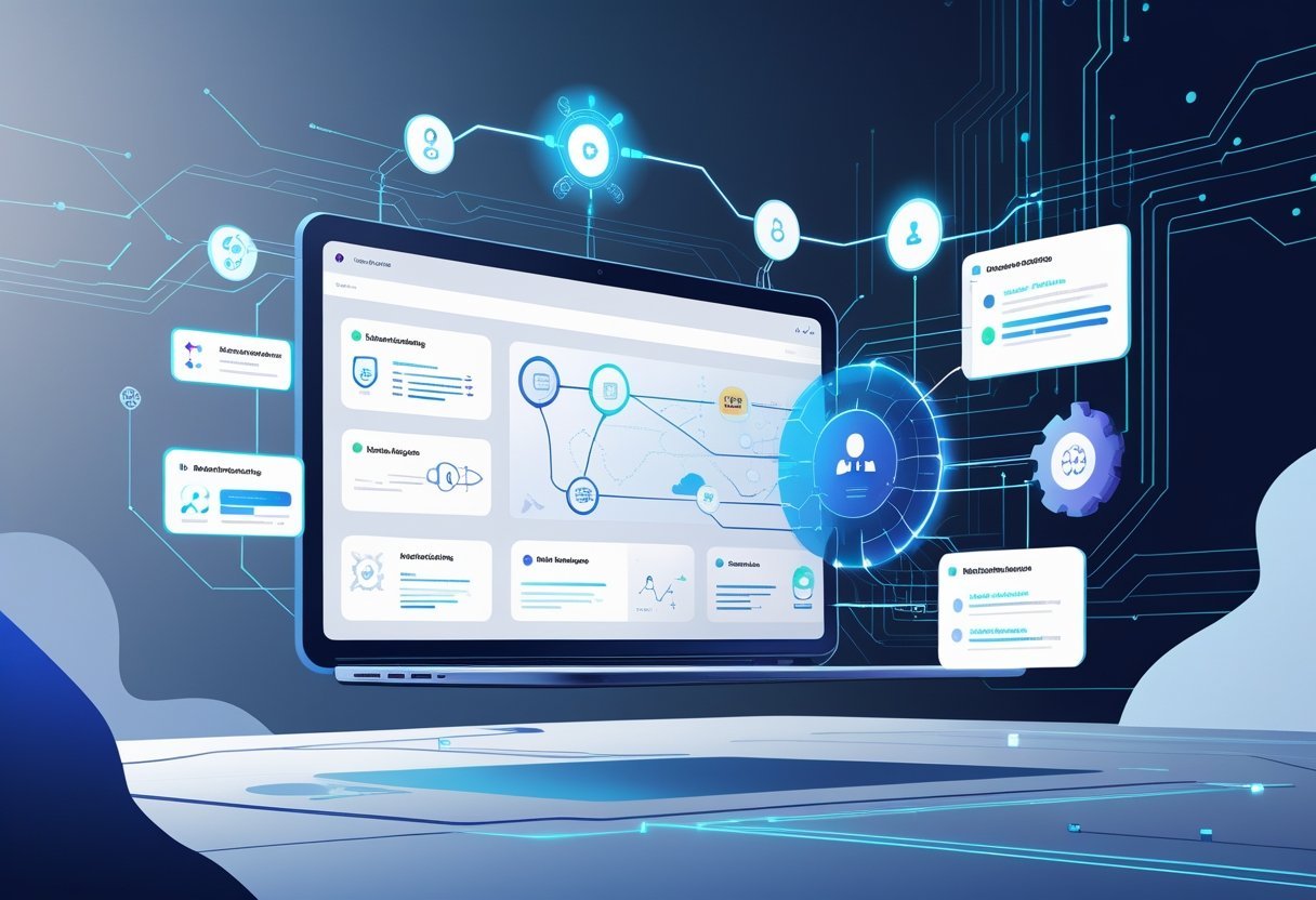 AI Workflow Automation Tool: Streamlining Business Processes for Efficiency 9 A digital dashboard with interconnected nodes and icons representing AI workflow automation in a futuristic workspace.