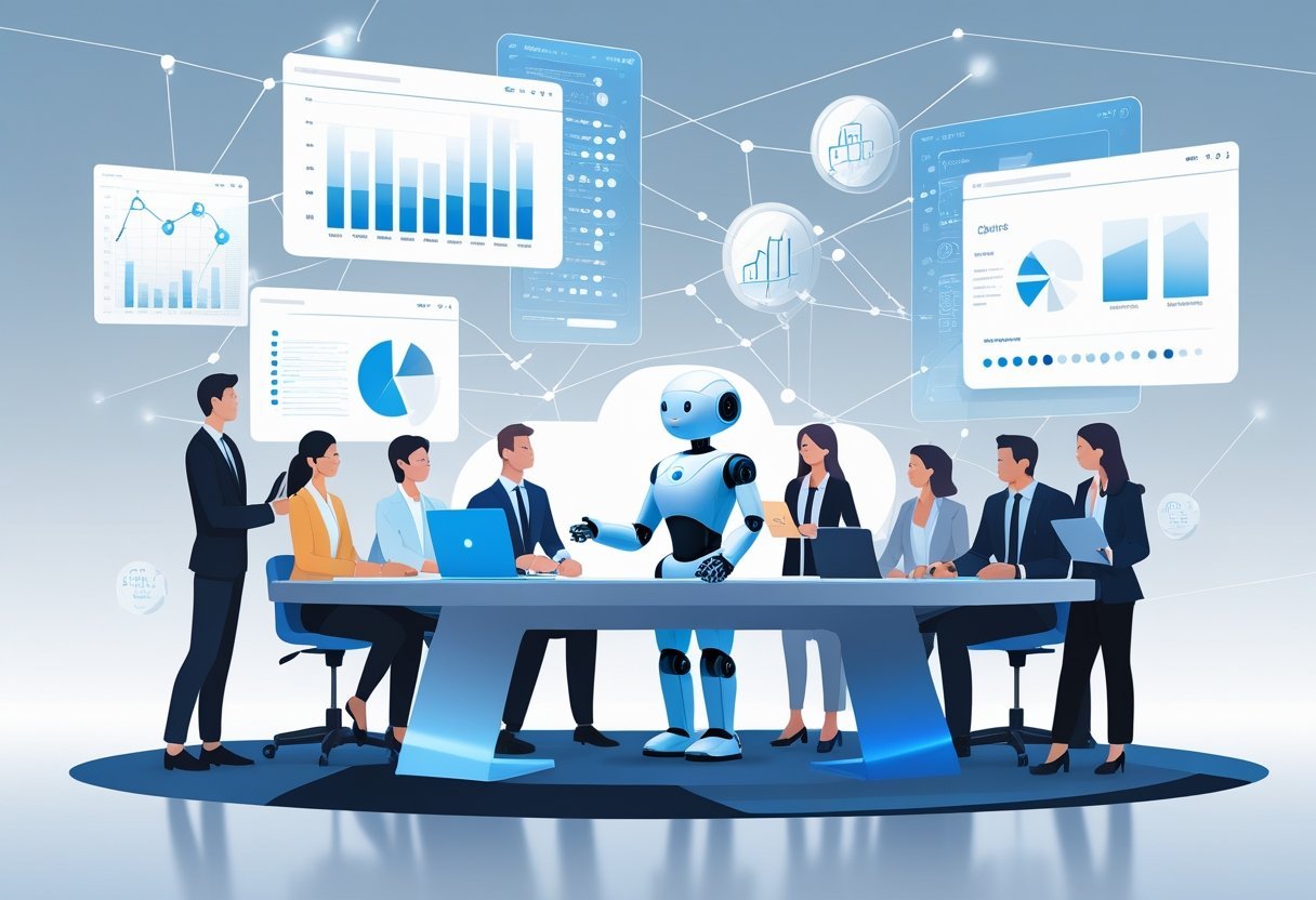 AI Workflow Automation Tool: Streamlining Business Processes for Efficiency 10 A humanoid AI robot working with professionals around a digital table in a modern office with floating data interfaces and glowing lines representing automation.