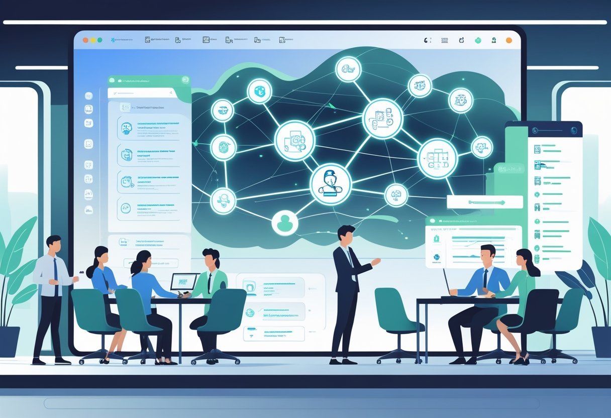 AI Workflow Automation Tool: Streamlining Business Processes for Efficiency 11 A team of professionals working together with a large digital display showing interconnected icons representing AI and automated workflow processes in a modern office.