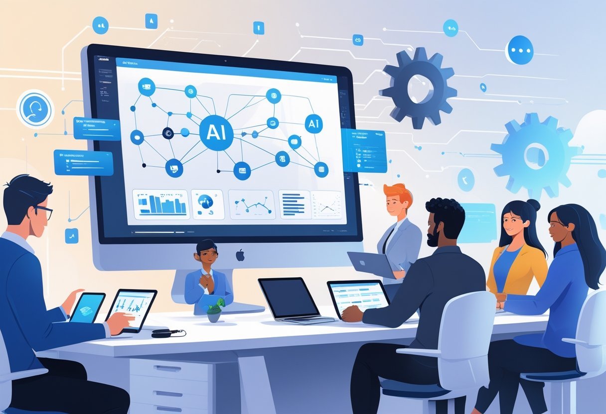 AI Workflow Automation Tool: Streamlining Business Processes for Efficiency 12 A modern workspace with professionals collaborating around a desk displaying interconnected flowcharts and digital elements representing AI workflow automation.