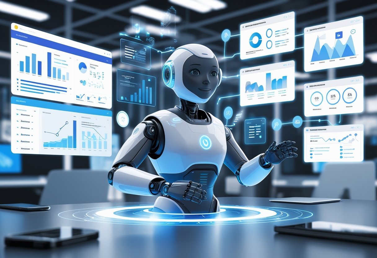 Best AI for Marketing Automation: Top Tools to Streamline Your Campaigns 8 A futuristic AI robot surrounded by digital marketing icons and data charts in a high-tech office setting.