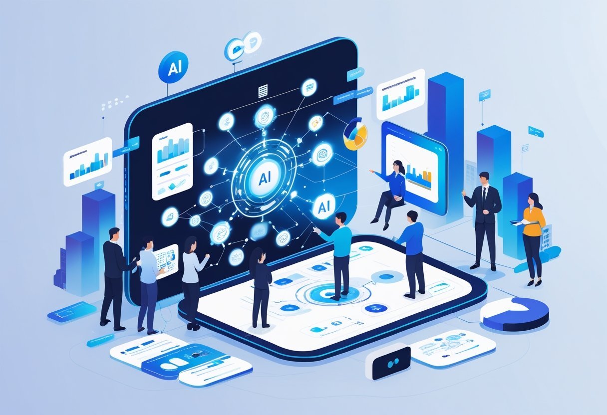 Best AI for Marketing Automation: Top Tools to Streamline Your Campaigns 9 A digital workspace showing professionals interacting with a holographic interface displaying icons for AI, data analytics, and marketing automation surrounded by charts and digital marketing symbols.