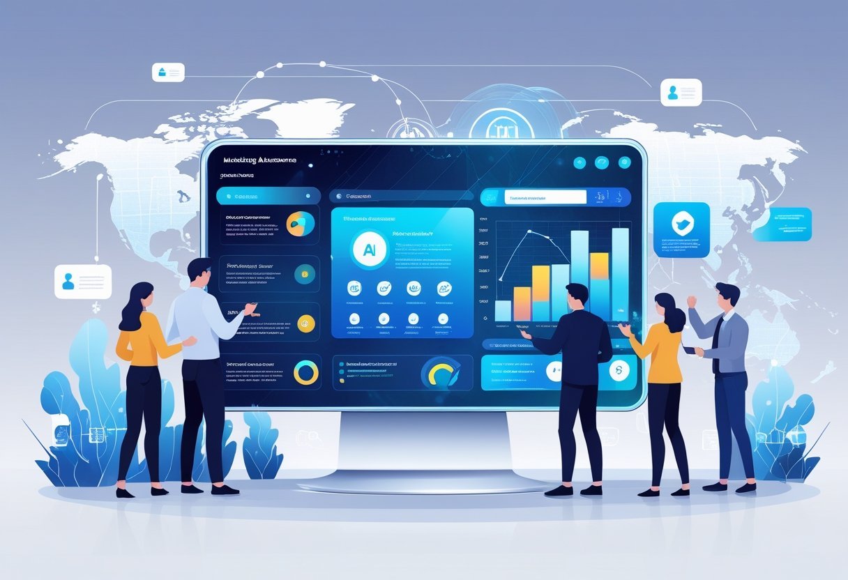 Best AI for Marketing Automation: Top Tools to Streamline Your Campaigns 10 A group of professionals interacting with a futuristic AI interface displaying marketing automation features like charts, icons, and data streams.
