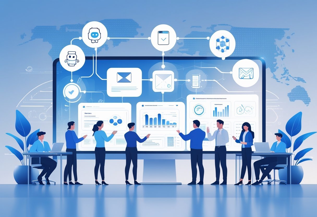 Best AI for Marketing Automation: Top Tools to Streamline Your Campaigns 11 A team of marketers working together around a digital screen showing icons representing AI tools for marketing automation.